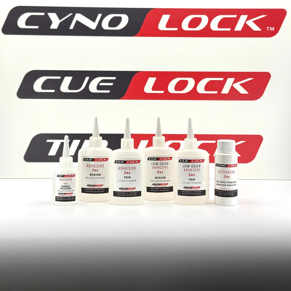 Two bottles of Cyno-Lock Series Cyanoacrylate Adhesive – 1 oz Tip-Lock and 2 oz Cue-Lock for billiards cue tip installation and repair.