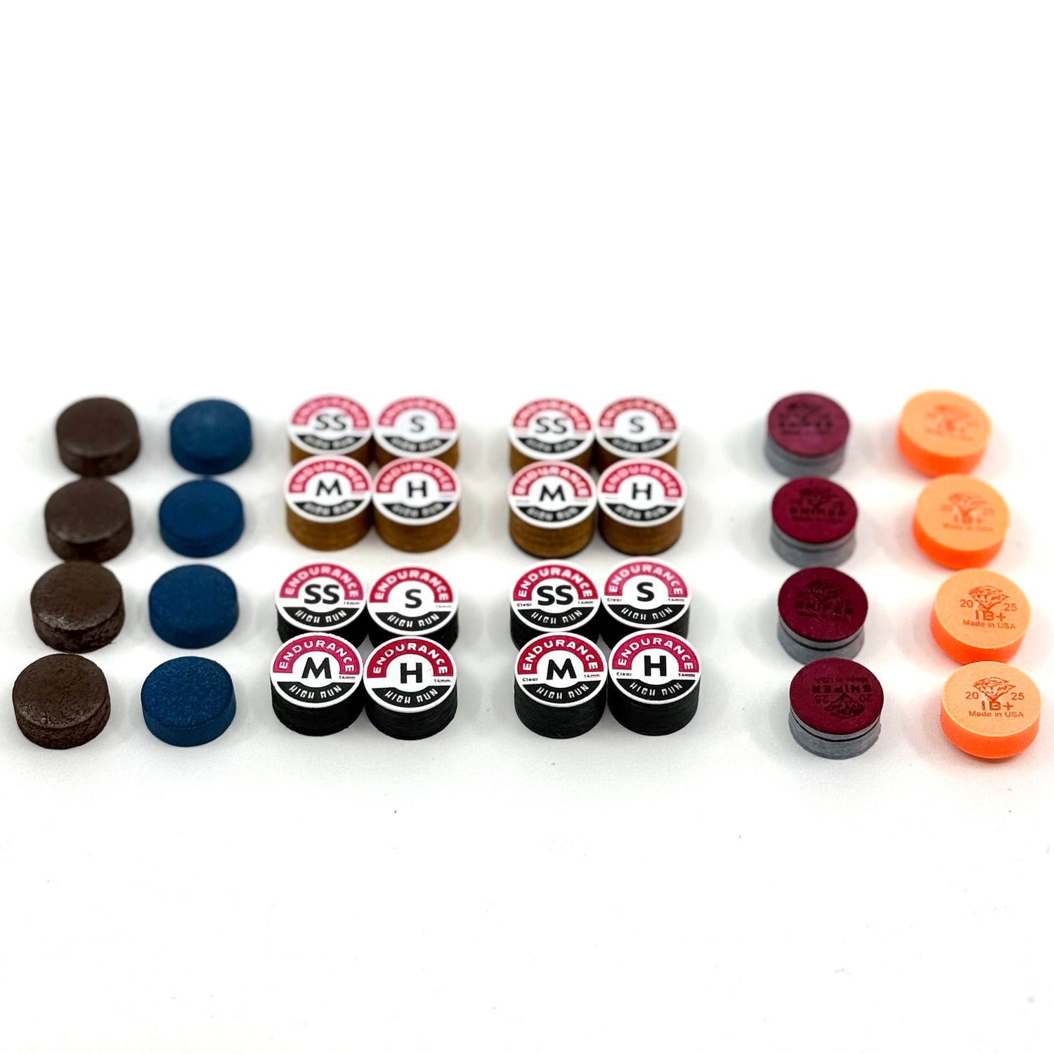 Bill's Billiards Pool Cue Tips 14mm, Super Soft, Soft, Medium and Hard densities offered, from varying brands.