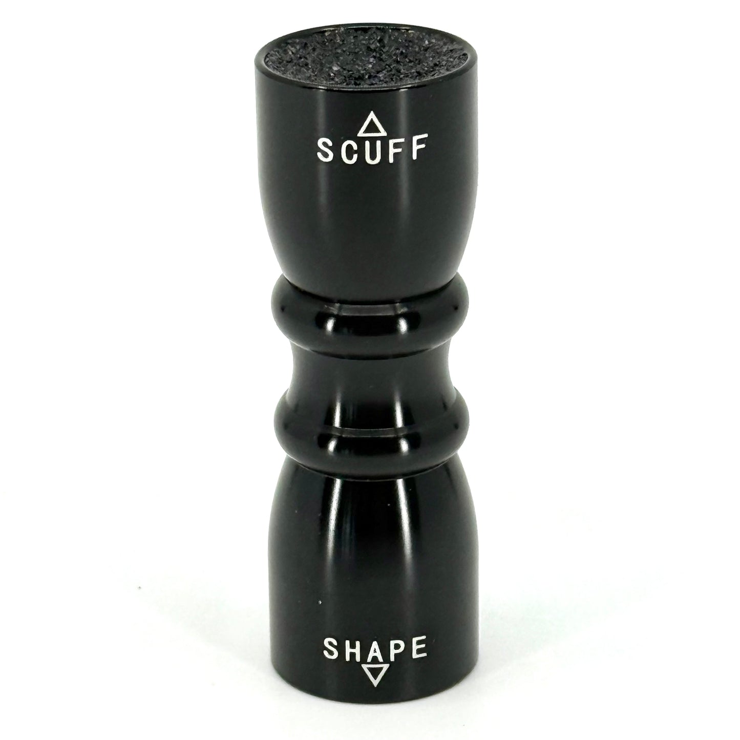 Image of one, 3-in-1 Pool Cue Tip Tools – Black aluminum bowtie shaper, scuffer, and aerator for billiards cue maintenance