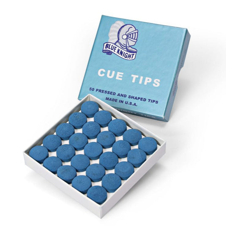 image of a box of Blue Knight Cue Tips – 14mm soft blue pressed leather tip made in the USA by Tweeten Fibre.