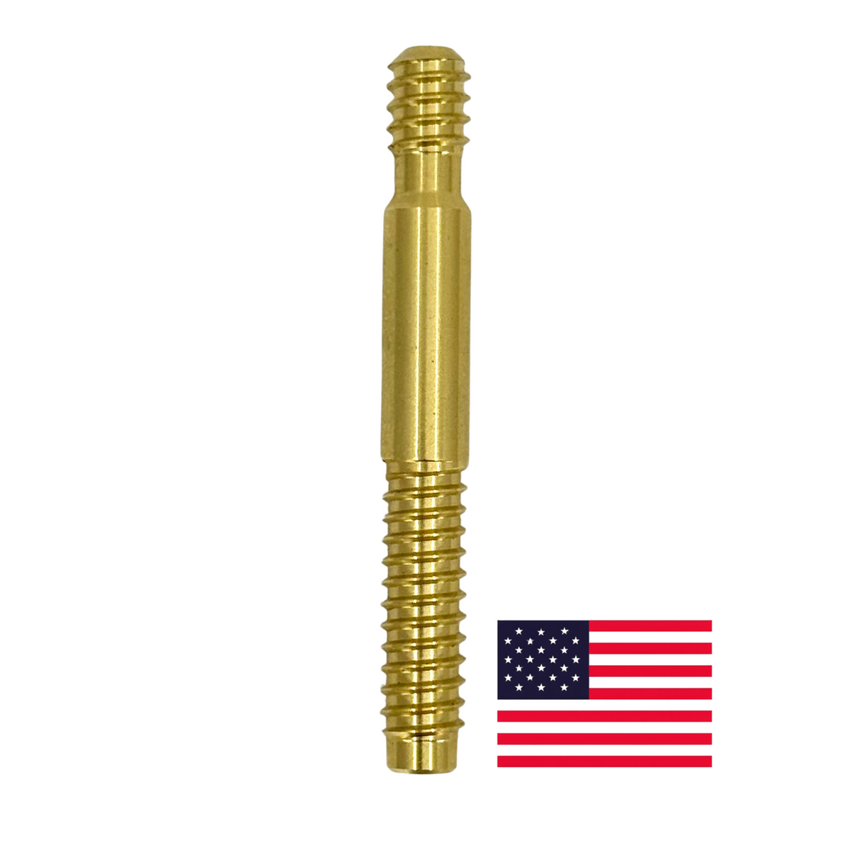 Brass 3/8-11 Joint Pin on white background with American flag