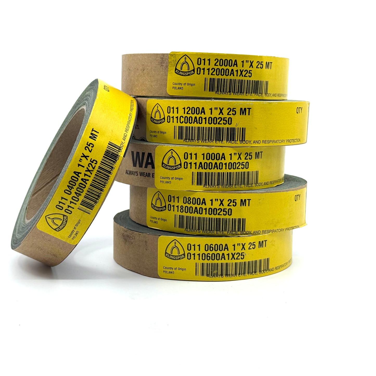 Klingspor Sand Paper 1" x 25m Rolls. Silicon Carbide. 400 grit , 600 grit , 800 grit, 1000 grit, 1200 grit , and 2000 grit. Front View.