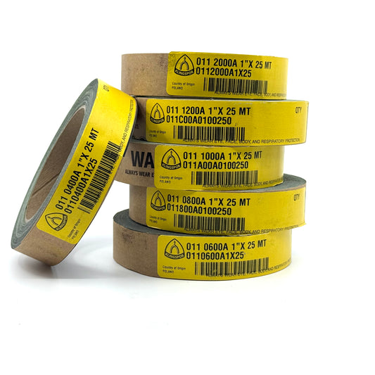 Klingspor Sand Paper 1" x 25m Rolls. Silicon Carbide. 400 grit , 600 grit , 800 grit, 1000 grit, 1200 grit , and 2000 grit. Front View.