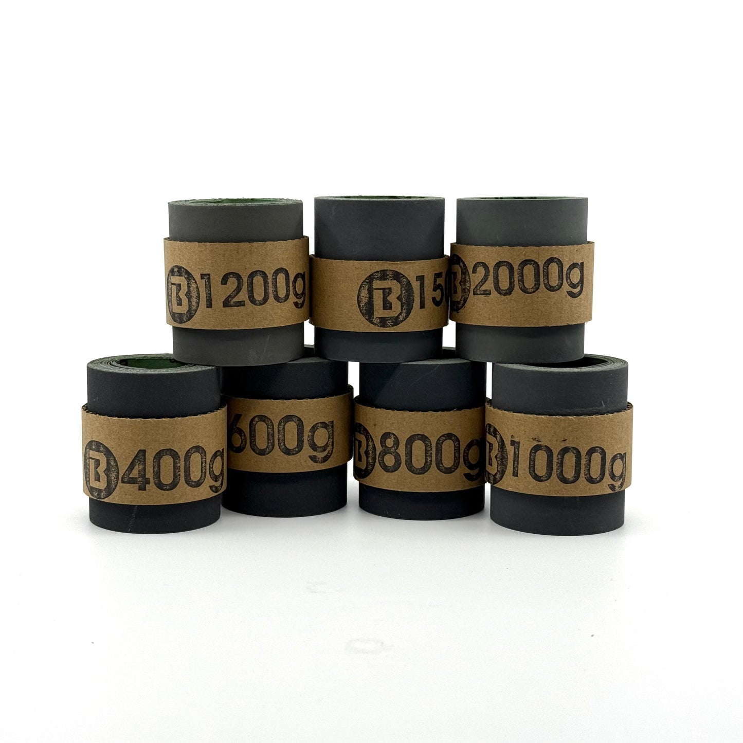 Klingspor Sand Paper 2" x 10’ Strips. Silicon Carbide. 400 grit , 600 grit , 800 grit, 1000 grit, 1200 grit , and 2000 grit. Front View.