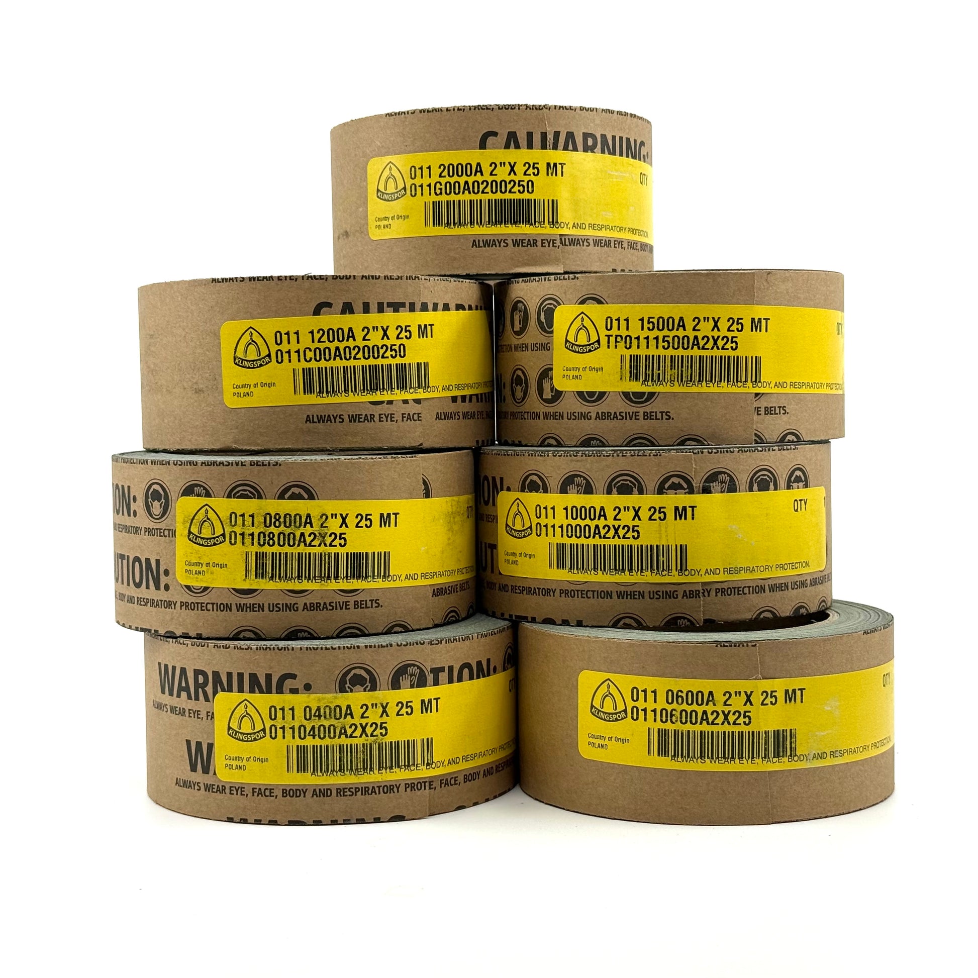 Klingspor Sand Paper 2" x 25m Rolls. Silicon Carbide. 400 grit , 600 grit , 800 grit, 1000 grit, 1200 grit , and 2000 grit. Front View.