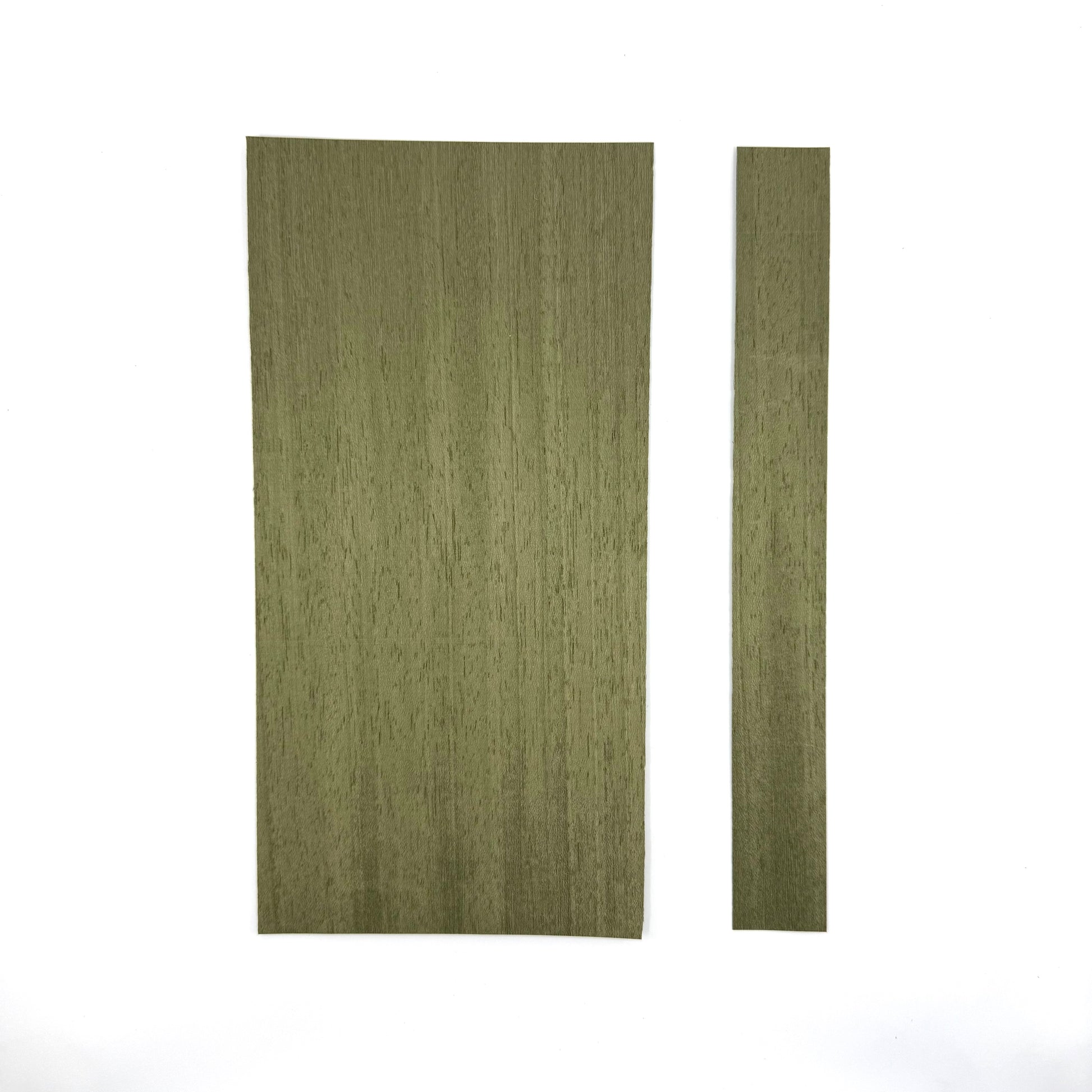 Olive Green Veneer for Pool Cues. 5.5" Sheets and 1.5" Strips. Both sizes 11" in length in .60mm thickness.