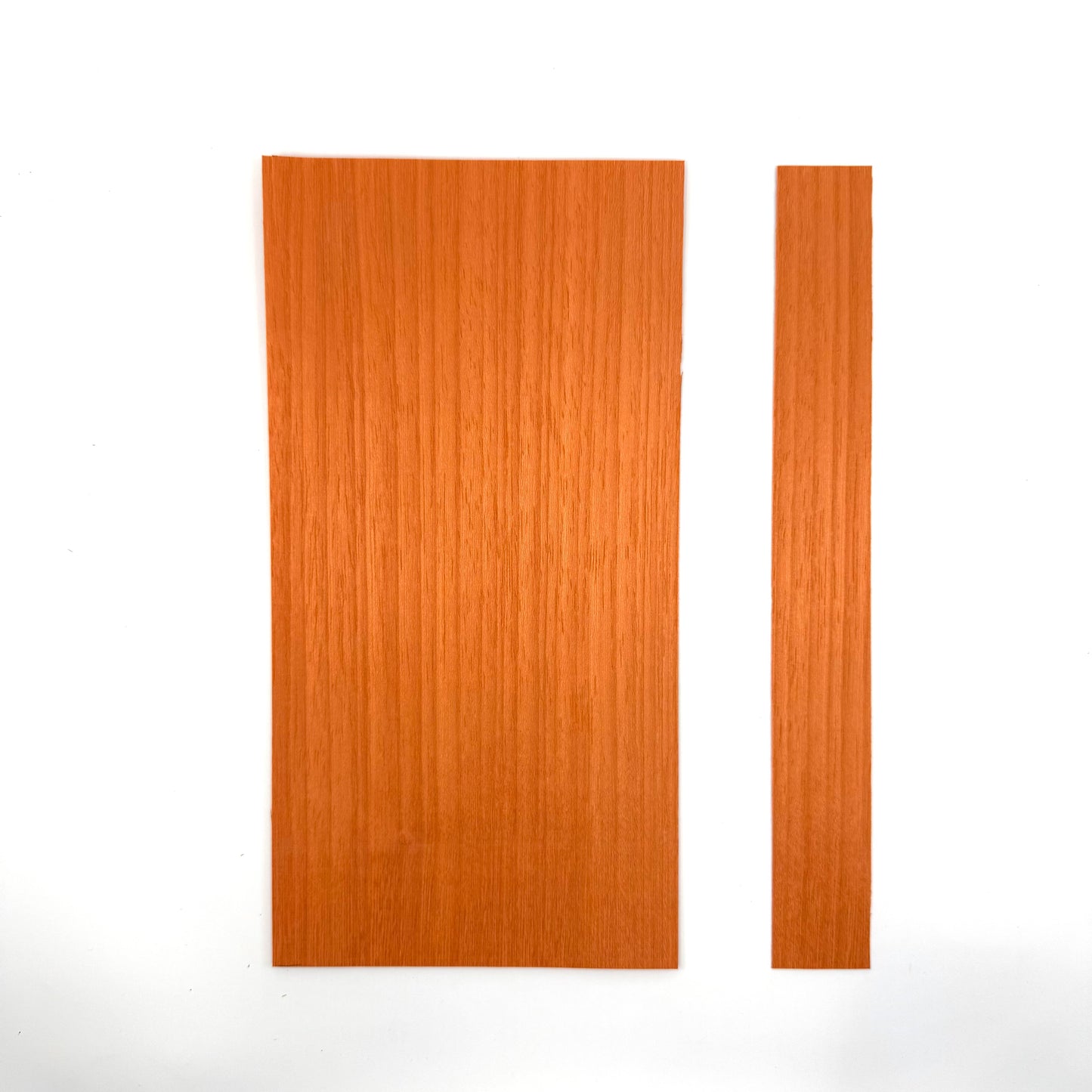 Orange Veneer for Pool Cues. 5.5" Sheets and 1.5" Strips. Both sizes 11" in length in .60mm thickness.