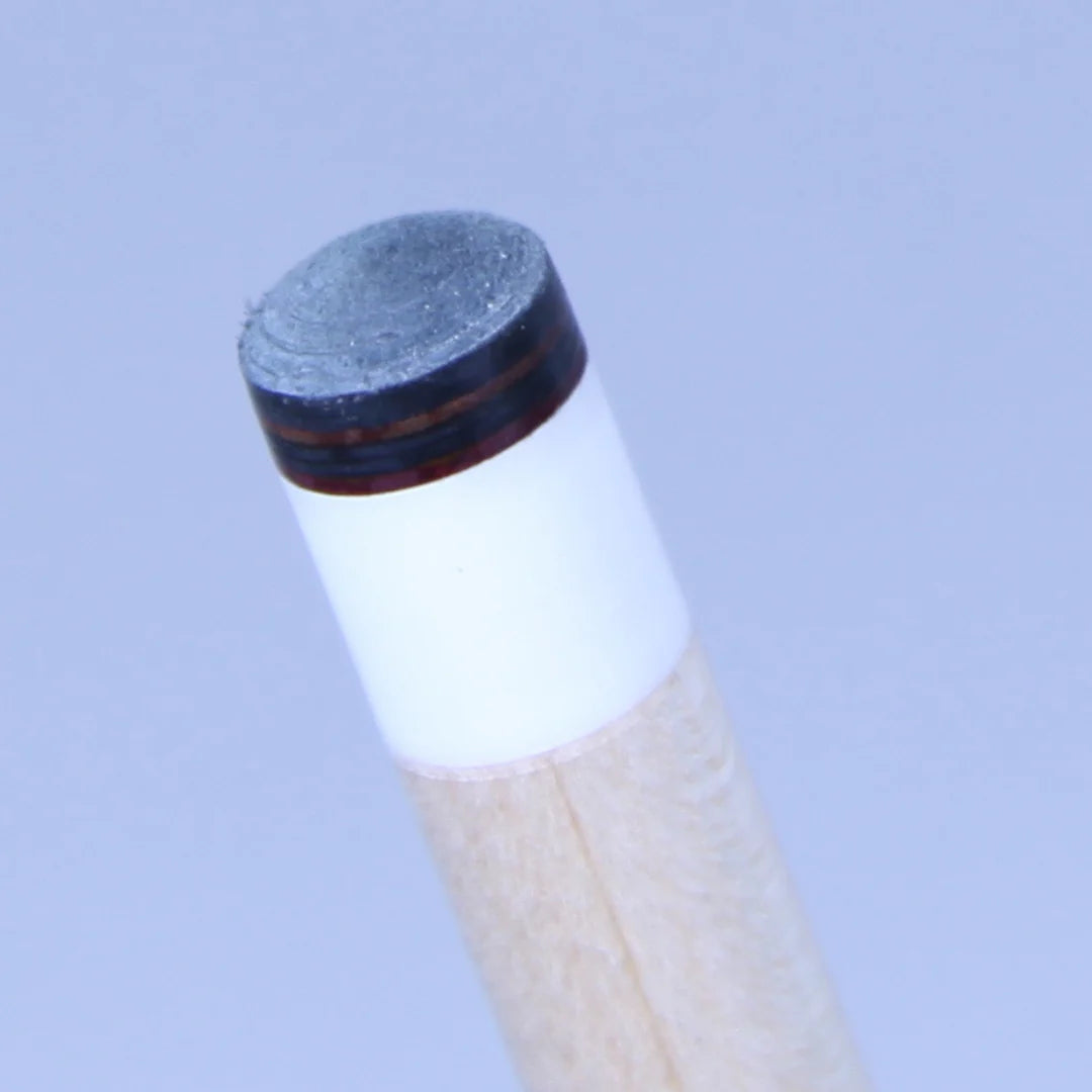 Installed Pool Cue Tip Tiger Onyx-LTD ® Tip 14mm, 8 layer. Blue background.