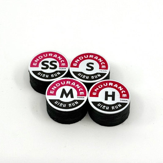 Billiards Pool Cue Tips, Endurance High Run Black. 14mm. Japanese pig skin. Image of SS, S, M and H, four in total.