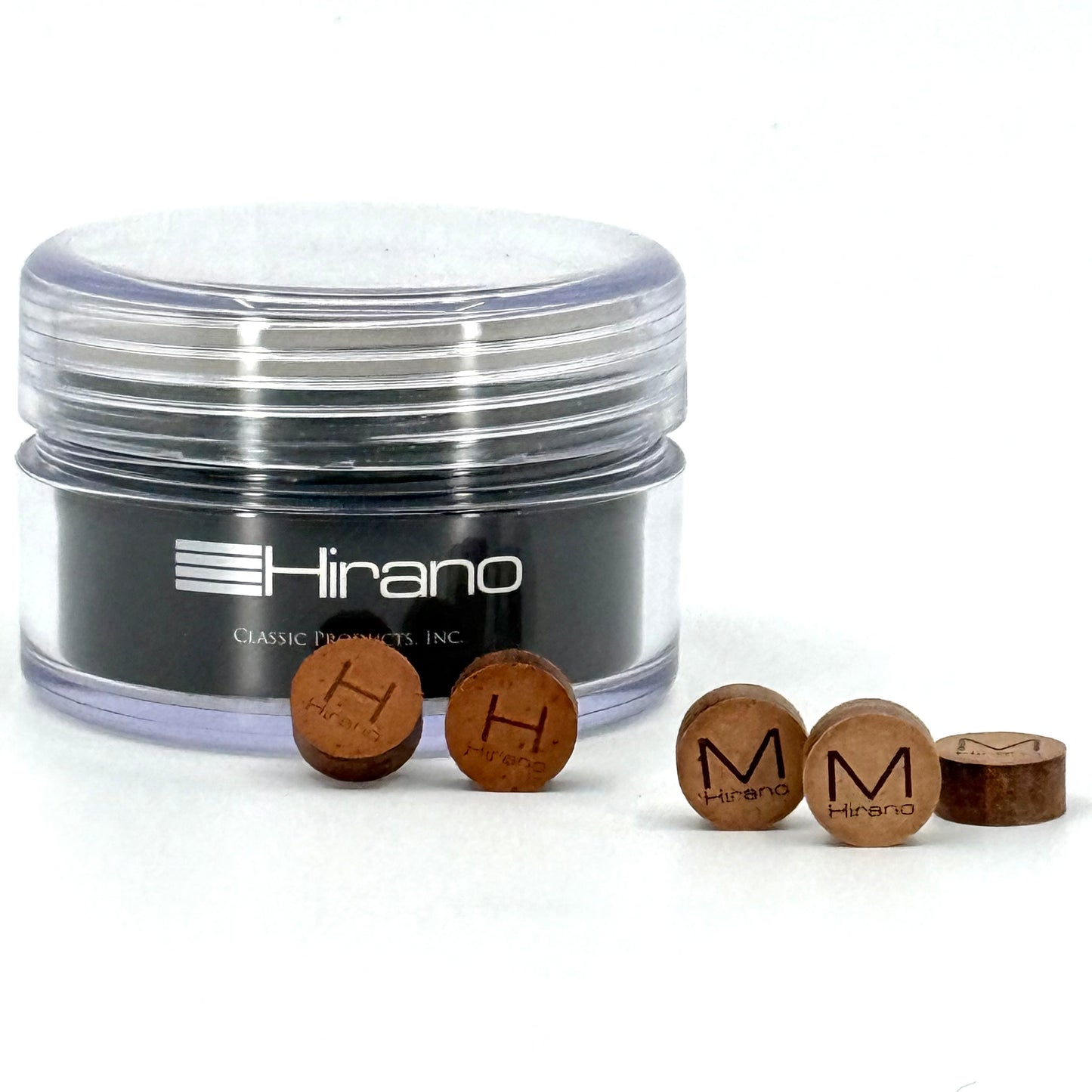 Image of a jar and 5 Hirano Pool Cue Tips – 14mm 4-layer Japanese pigskin cue tip medium and hard hardness.