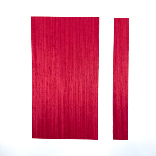 Red Veneer for Pool Cues. 5.5" Sheets and 1.5" Strips. Both sizes 11" in length in .60mm thickness.