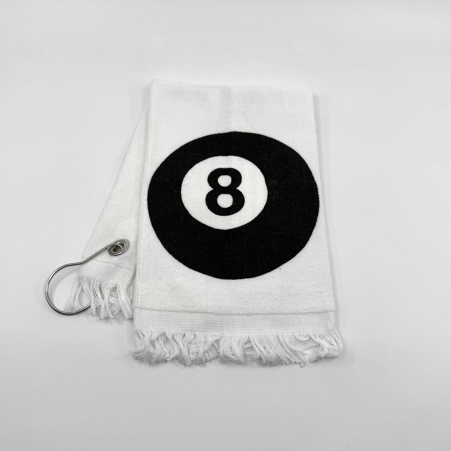 Image of a white cotton billiards hand towel with 8 Ball design to keeps hands clean and sweat-free during pool play