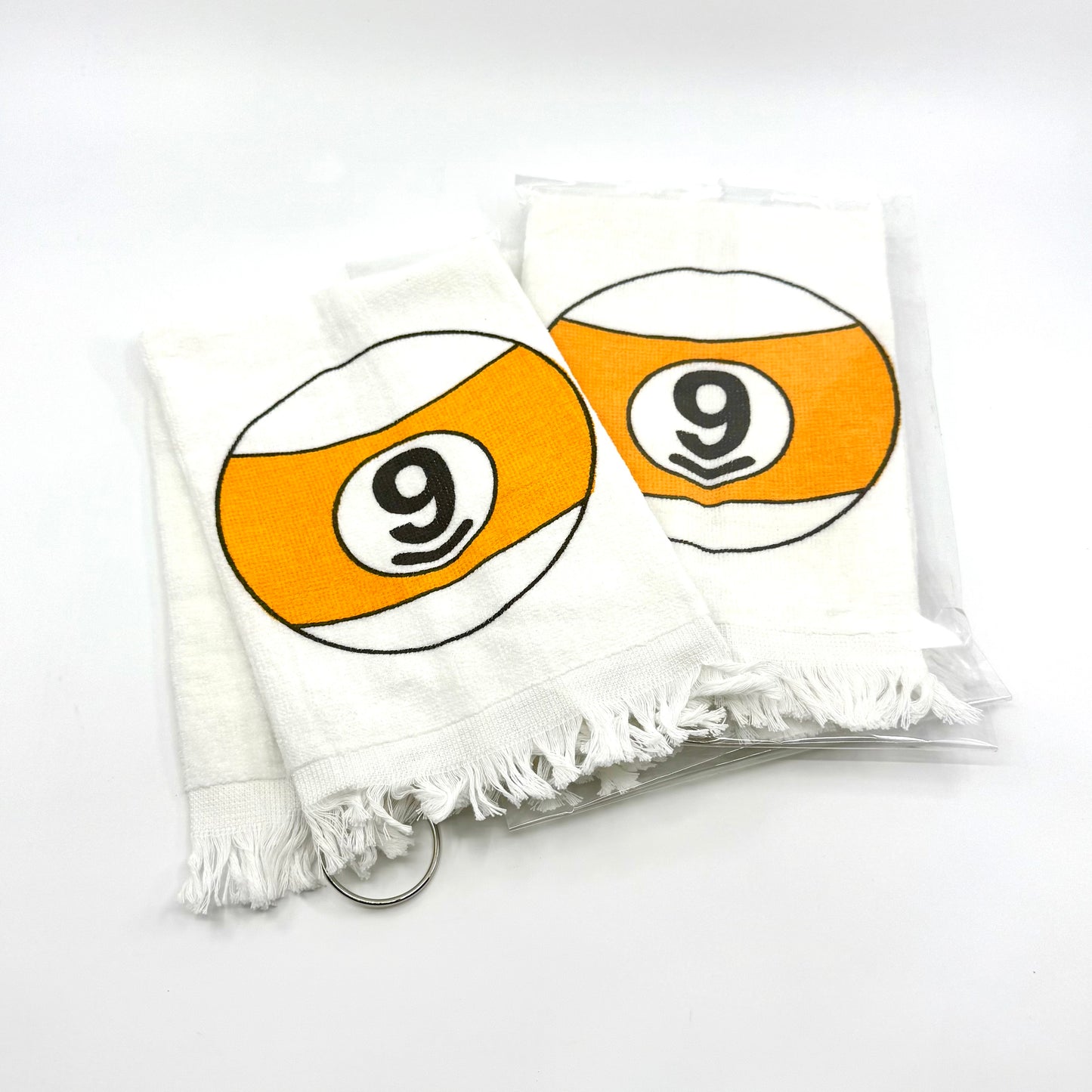 Image of several white cotton billiards hand towel with Ball design – keeps hands clean and sweat-free during pool play