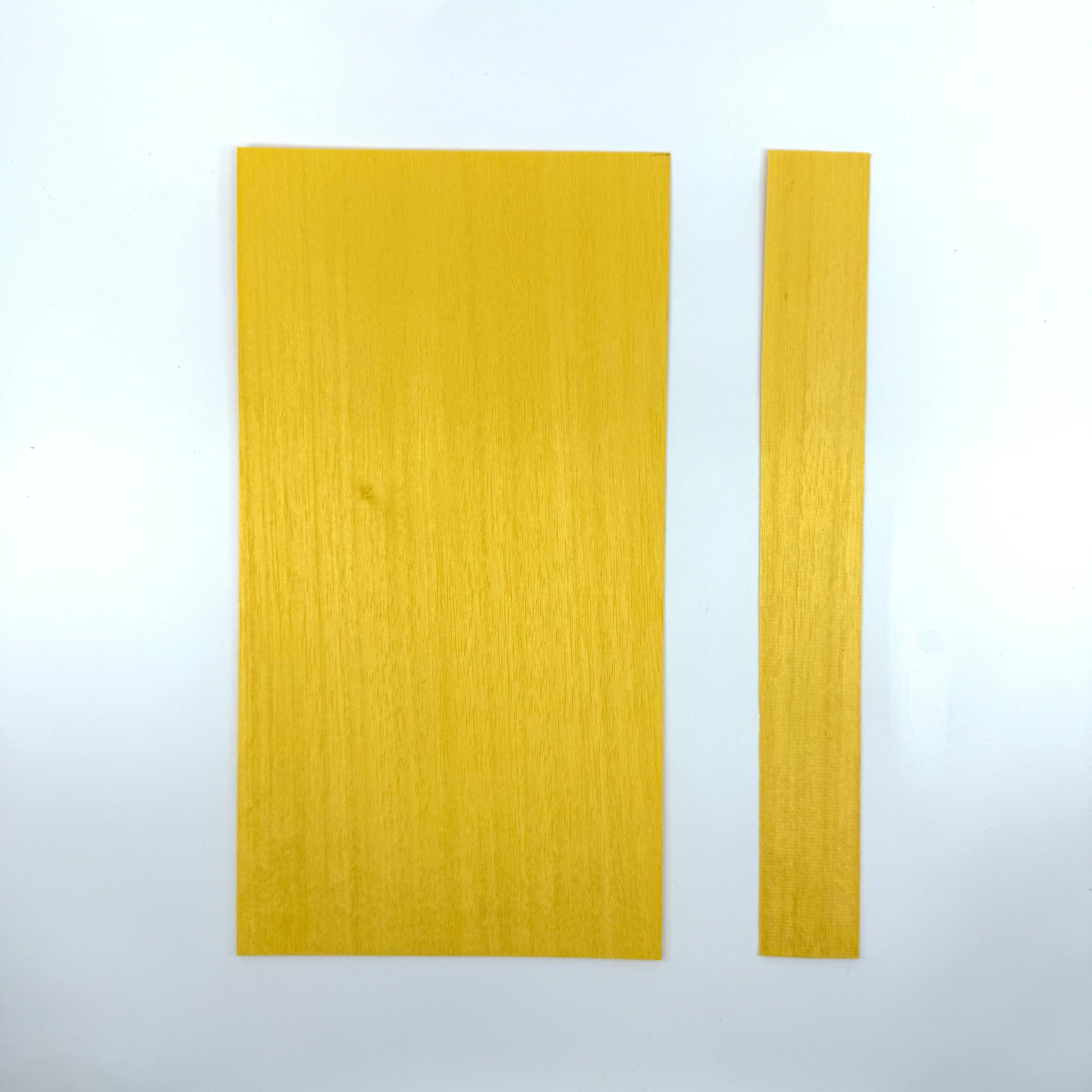 Yellow Veneer for Pool Cues. 5.5" Sheets and 1.5" Strips. Both sizes 11" in length in .60mm thickness.
