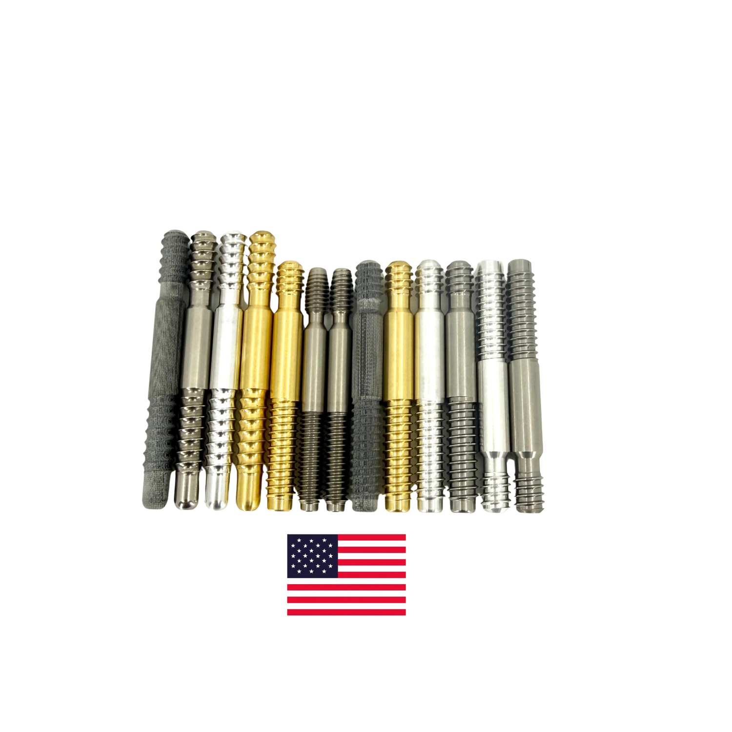Mix of pool cue hardware. Joint bins, brass inserts, butt cap screws, brass and aluminum rings. 