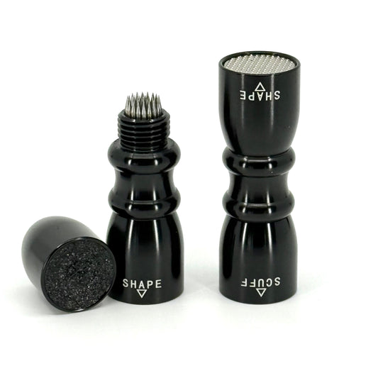Image of Two, 3-in-1 Pool Cue Tip Tools – Black aluminum bowtie shaper, scuffer, and aerator for billiards cue maintenance