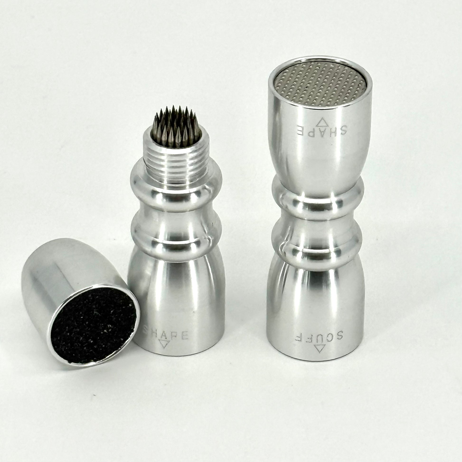 Image of Two, 3-in-1 Pool Cue Tip Tools – Silver aluminum bowtie shaper, scuffer, and aerator for billiards cue maintenance