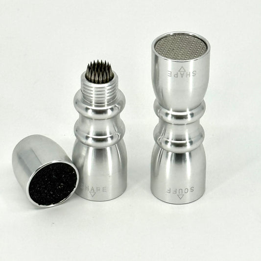 Image of Two, 3-in-1 Pool Cue Tip Tools – Silver aluminum bowtie shaper, scuffer, and aerator for billiards cue maintenance
