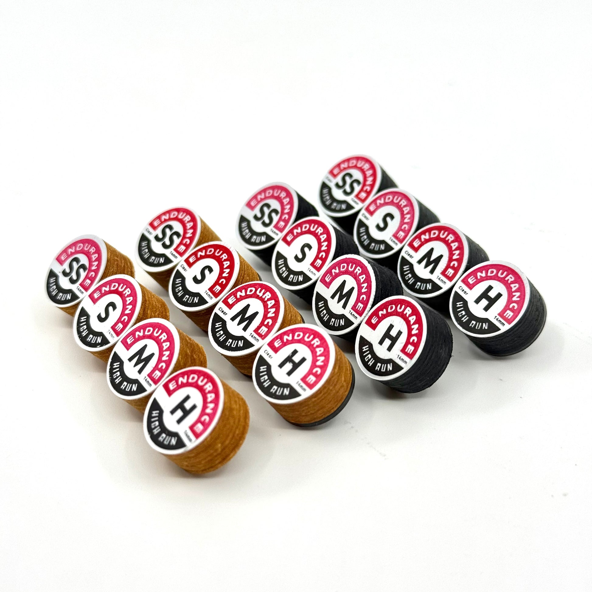 Billiards Cue Tips. Endurance 14mm. Brown, Brown Clear, Black, Black Clear. 8 layers. Japanese Pig Skin.  All 16 items. 