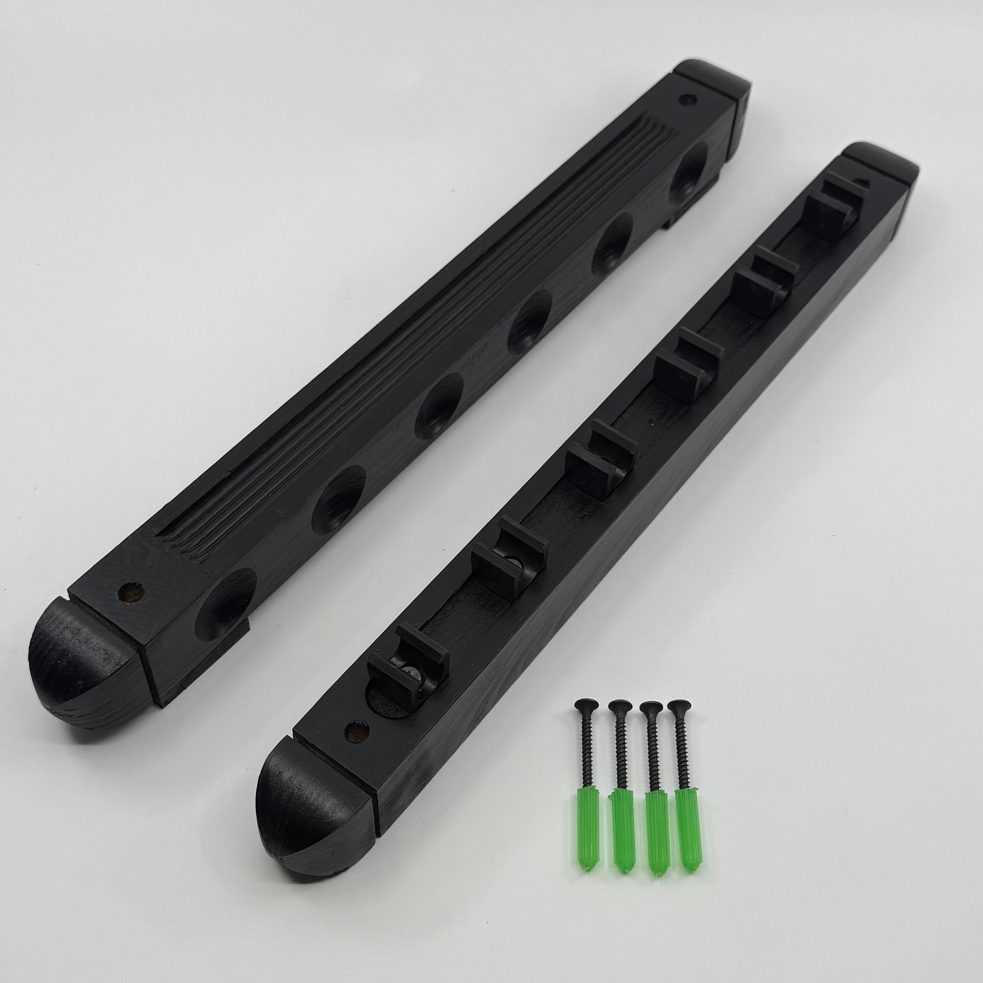 Image of a set of a black 2-piece wall mounted pool cue rack made of hardwood with nylon clips, holds 6 cues, perfect for space-saving cue storage