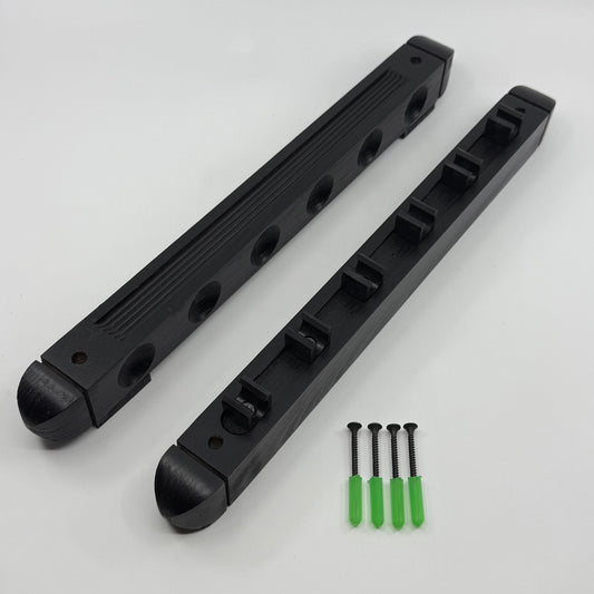Image of a set of a black 2-piece wall mounted pool cue rack made of hardwood with nylon clips, holds 6 cues, perfect for space-saving cue storage