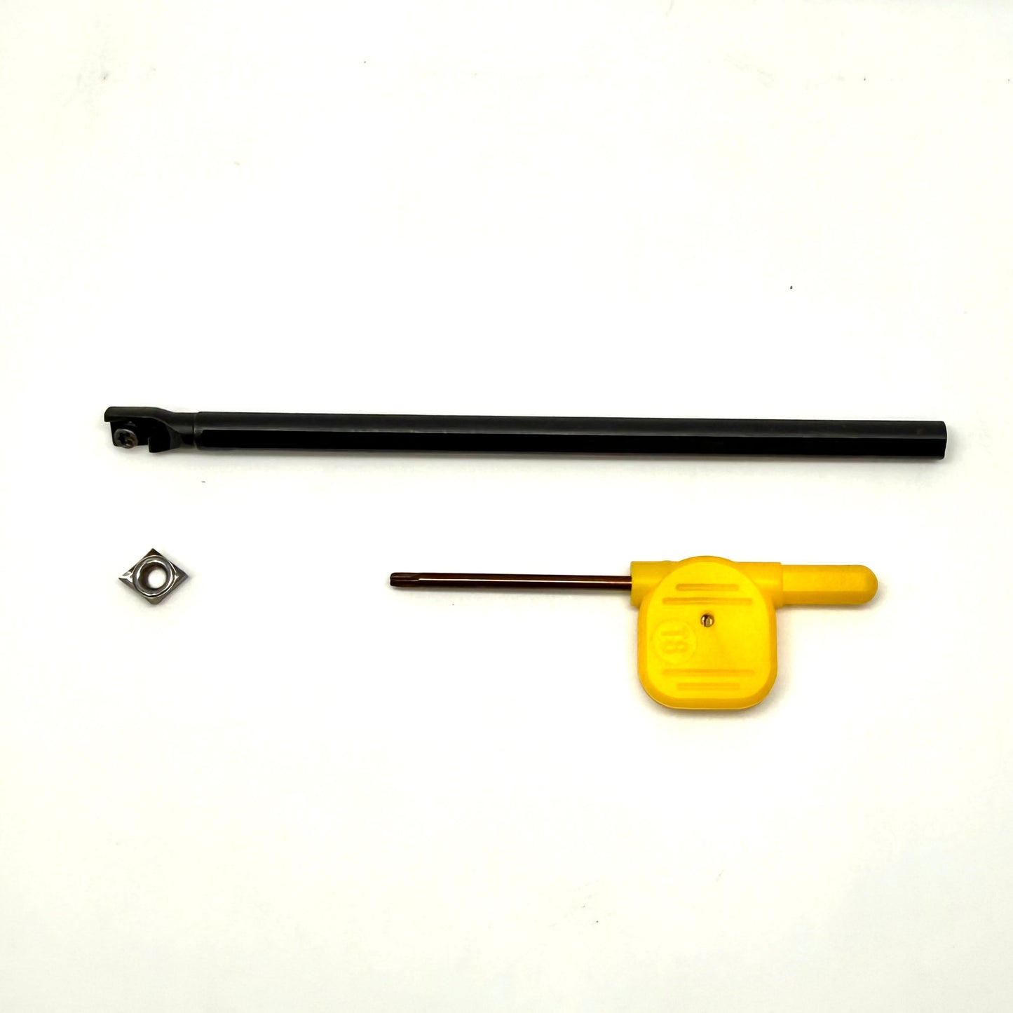 Boring Bar C-Series 6mm 5" length, shown with the insert and installation tool on white background