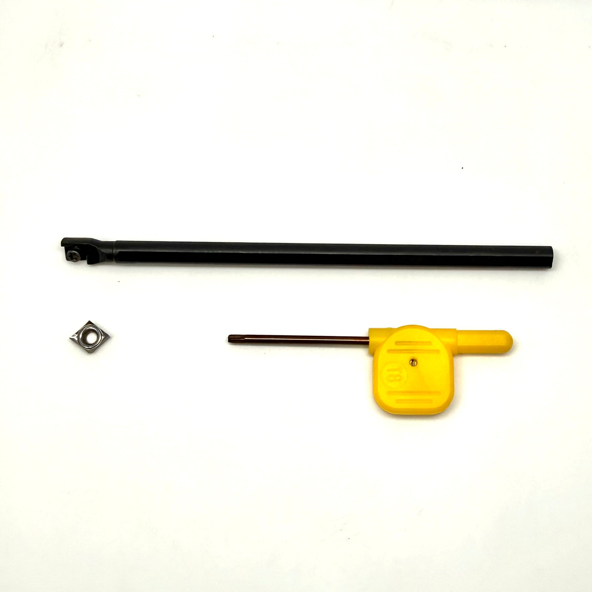 Boring Bar C-Series 6mm 5" length, shown with the insert and installation tool on white background