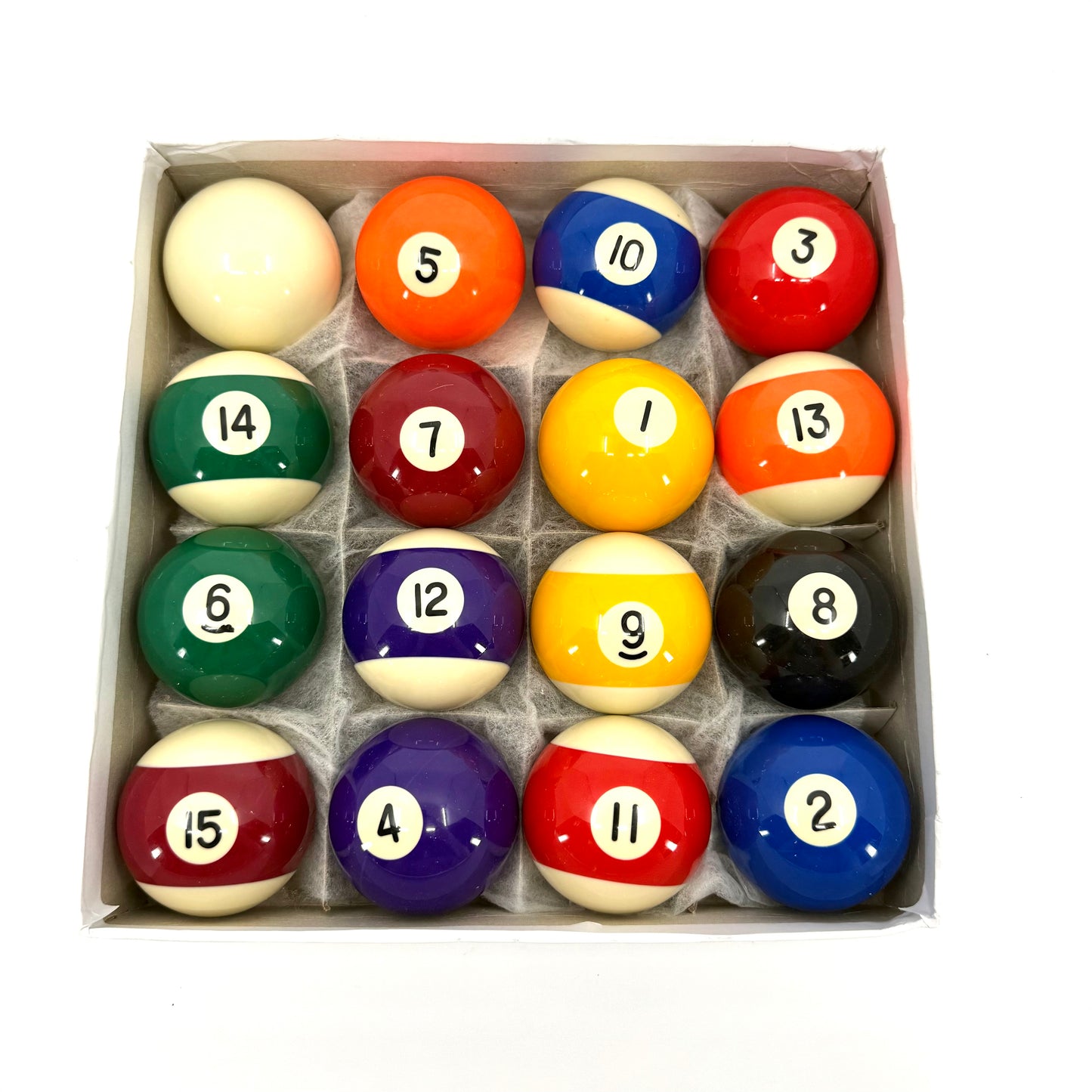 Image of complete set of 16 standard pool balls – 2-1/4" regulation resin billiard balls including cue ball, solids, stripes, and 8 ball shown in box. 
