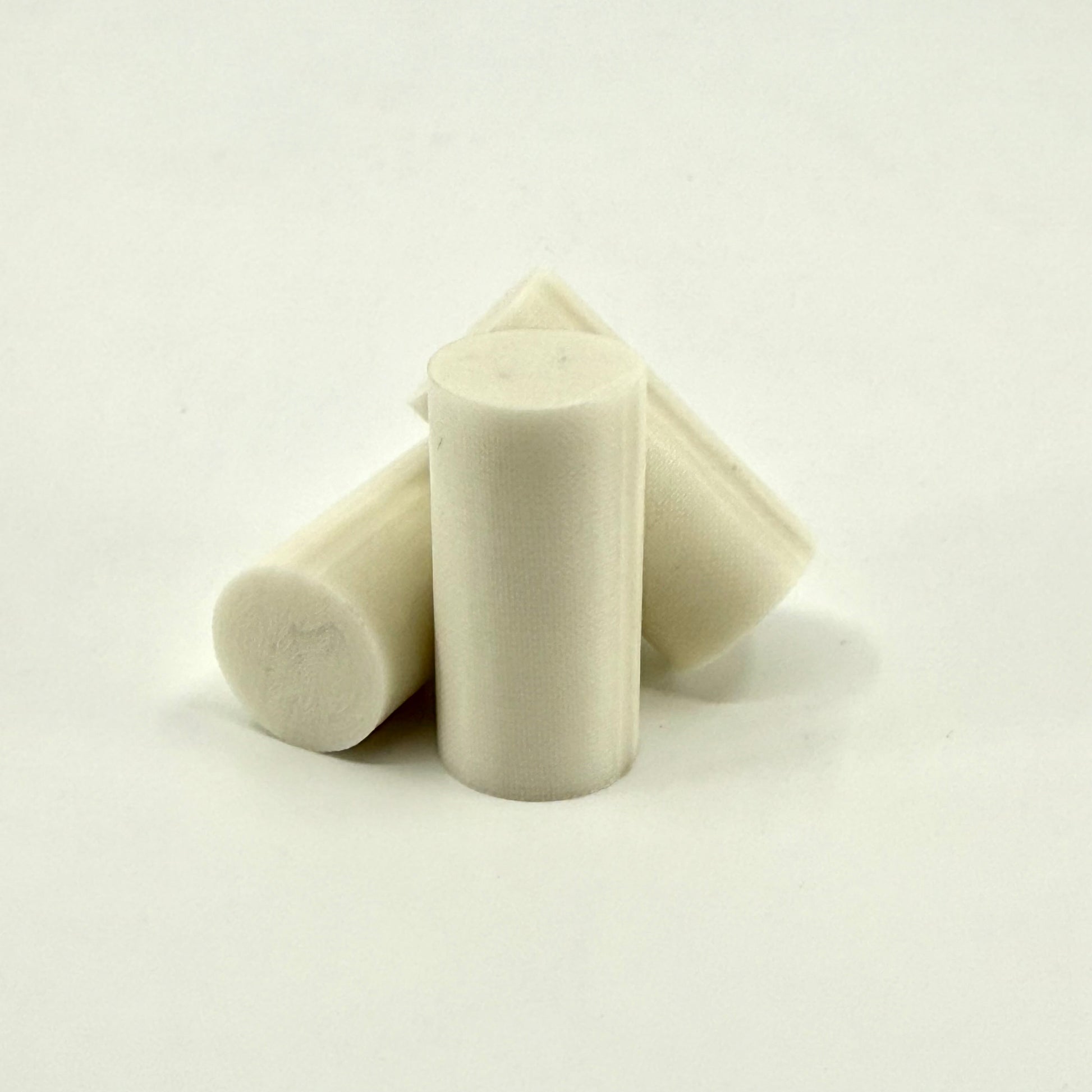 Three Classic White Ivory Melamine Pool Cue Ferrules .562x 1.1” on a white background