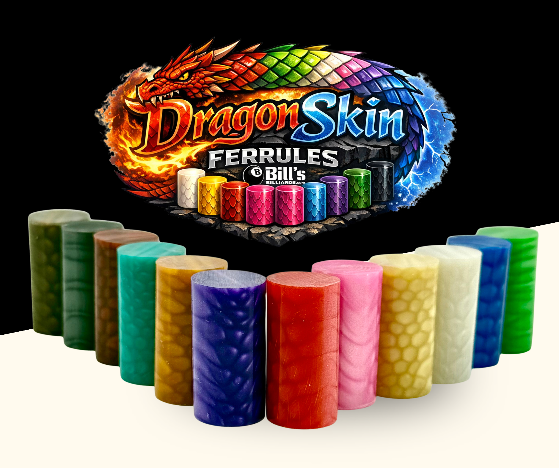 Logo of DragonSkin Ferrules above12 different colored ferrules 16mm 1.25" 