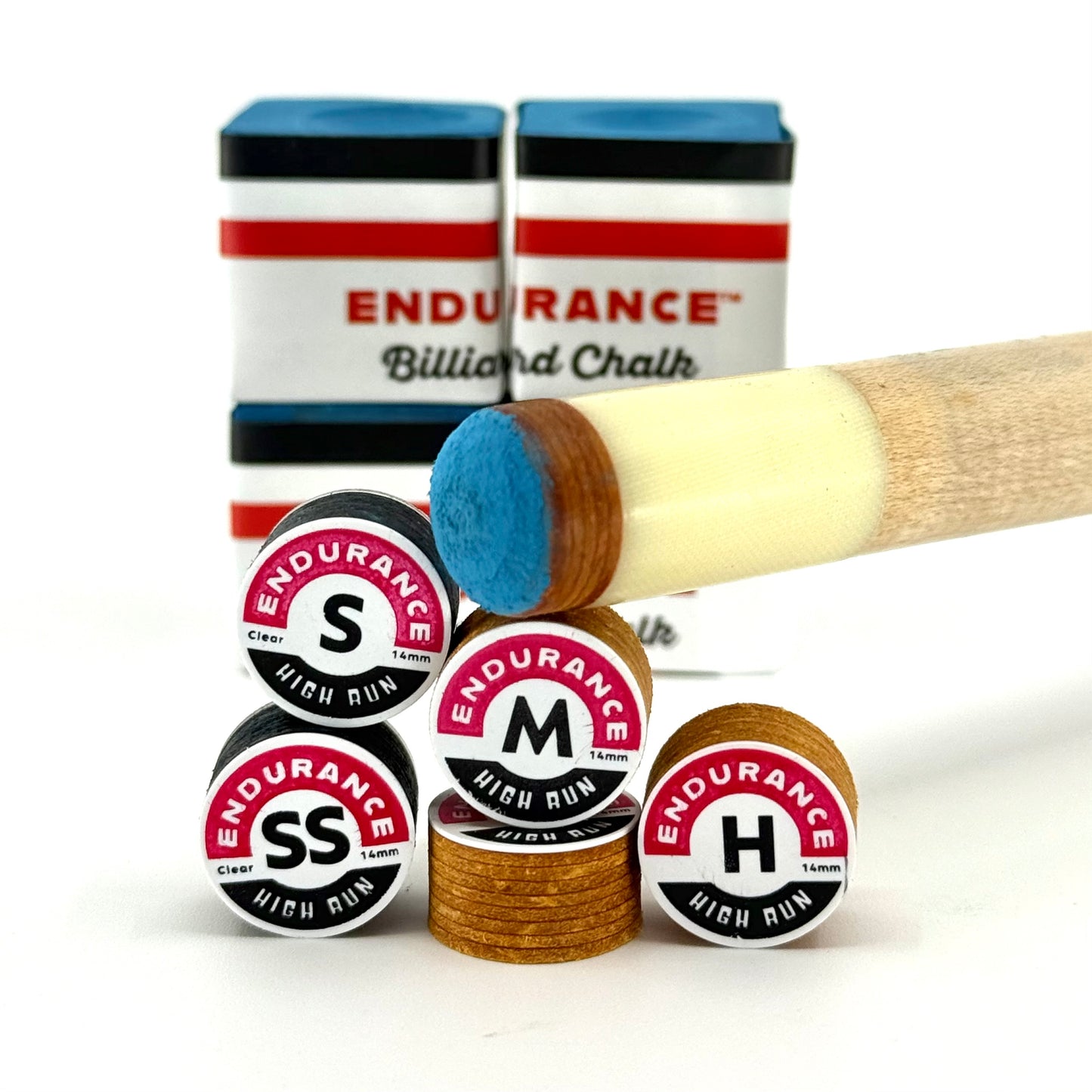 Cue stick with Endurance ™ Billiards Chalk applied to an Endurance ™ High Run Cue Tips. Maximum Grip Lasting Performance 