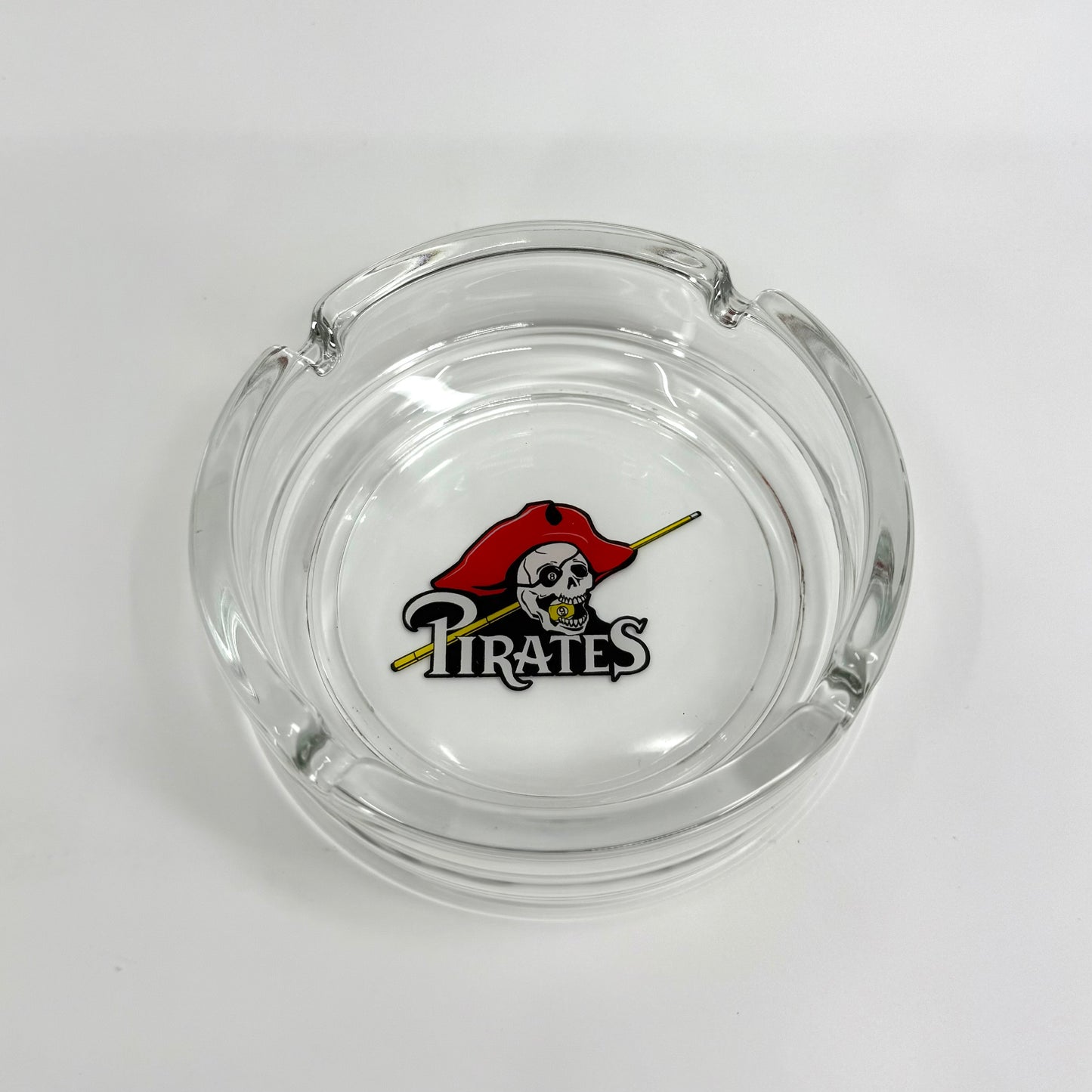 Image of glass billiards-themed ashtray Pool Pirate design. Lead-free, smooth edges, round shape, and crystal-clear finish.