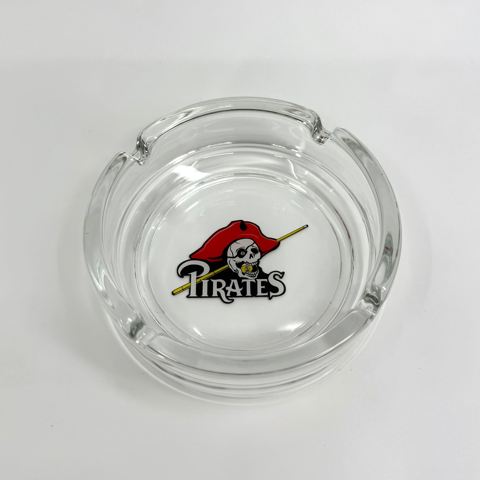 Image of glass billiards-themed ashtray Pool Pirate design. Lead-free, smooth edges, round shape, and crystal-clear finish.