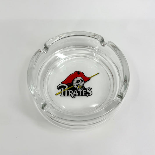 Image of glass billiards-themed ashtray Pool Pirate design. Lead-free, smooth edges, round shape, and crystal-clear finish.