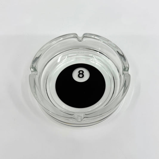 Image of one glass billiards themed ashtray.  8 Ball lead-free, smooth edges, round shape, and crystal-clear finish.