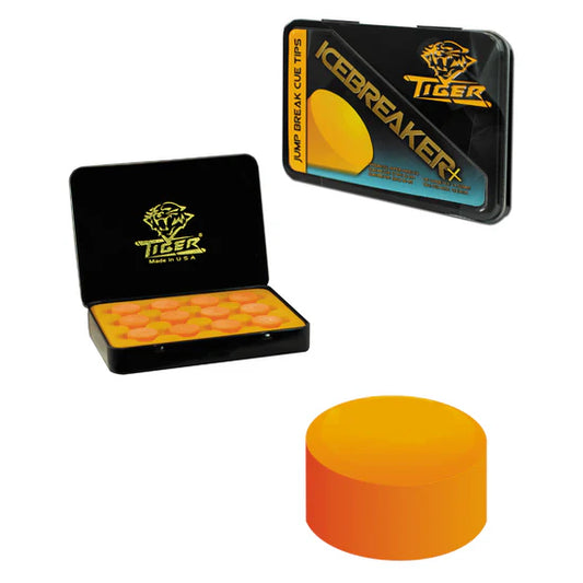 Image of 2 boxes of tips and a single tip, tiger Ice Breaker  pool cue tip. 