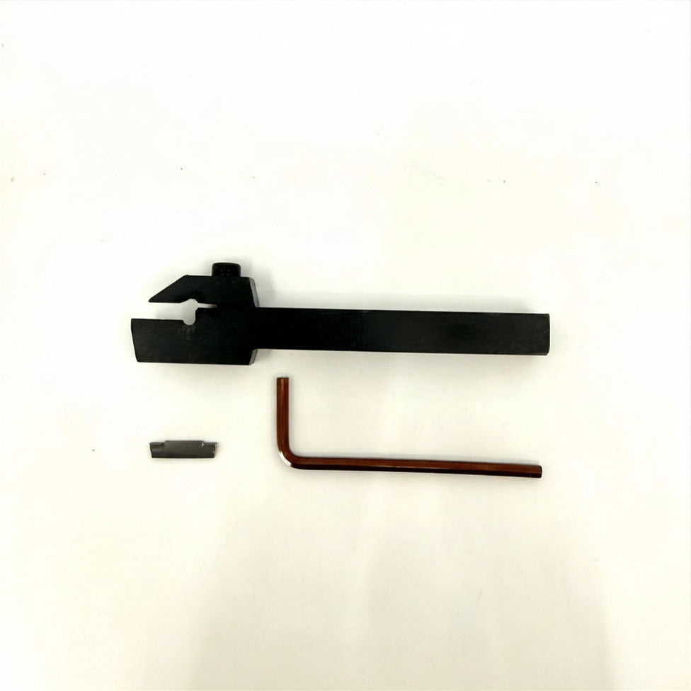 Lathe Parting Tool shown with installation tool and Carbide blade insert on white background