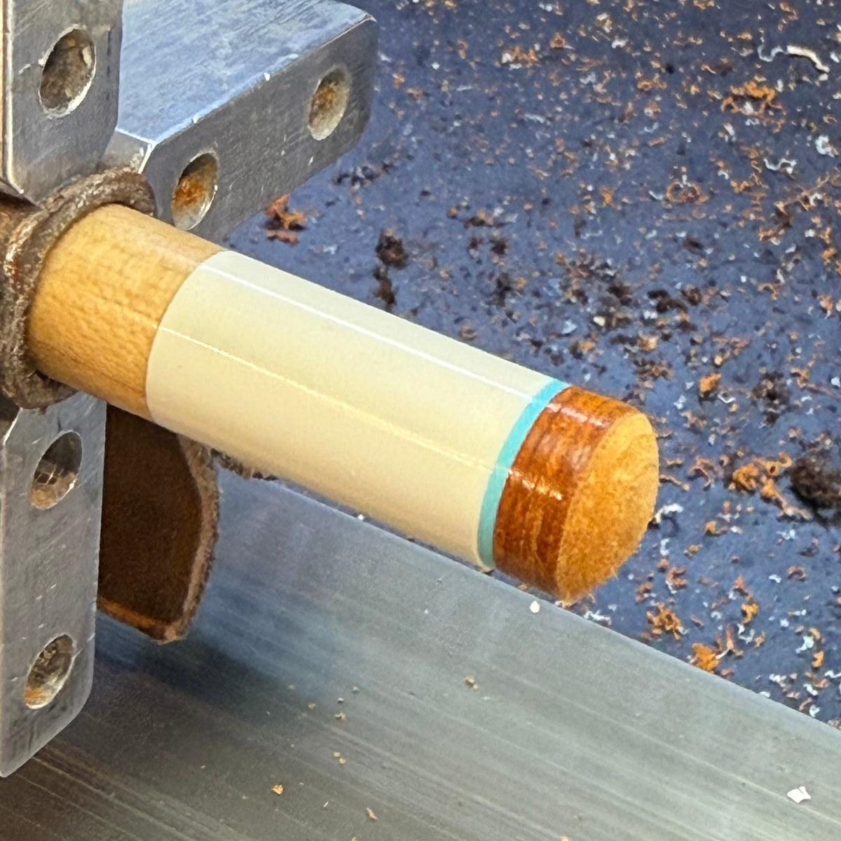 Light Blue 14mm Pool Cue Firm Fiber Ferrule Pad Shown on a Pool Cue  