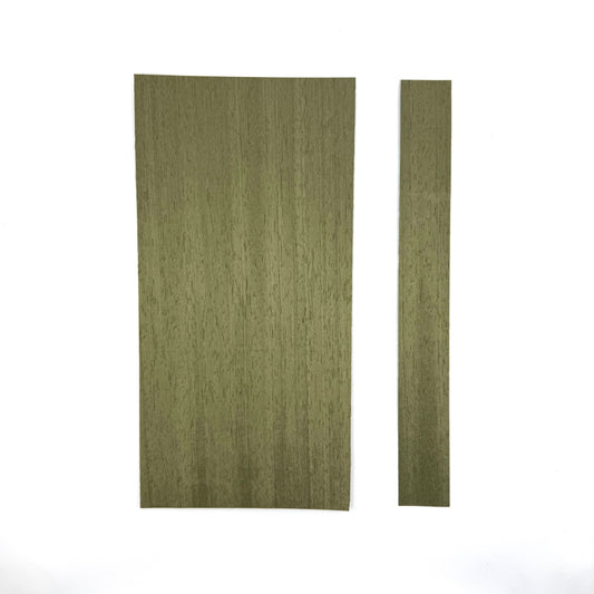 Olive Green Veneer for Pool Cues. 5.5" Sheets and 1.5" Strips. Both sizes 11" in length in .60mm thickness. 