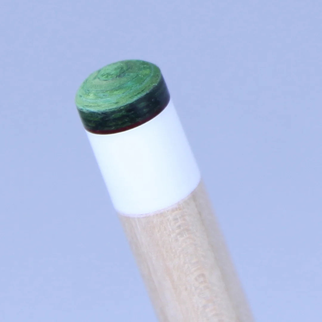 Single Pool Cue Tip Tiger Emerald Tip  14mm, 8 layer on a pool cue. Green color. 