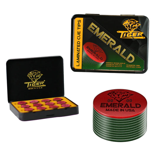 Image of Pool Cue Tip Tiger Emerald Tip 14mm, 8 layers in cans and single tip in the open. 