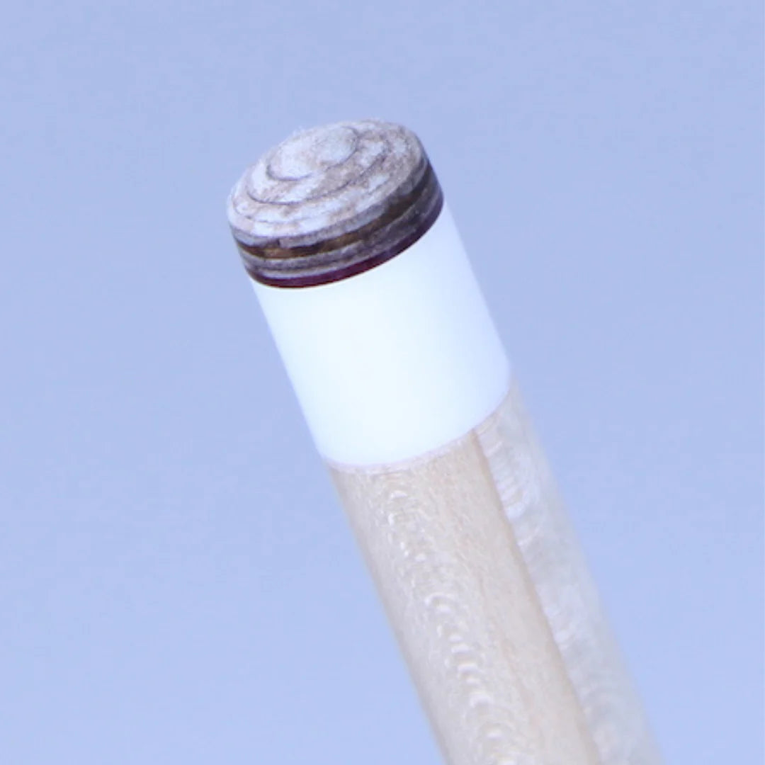 Image of a Pool Cue Tip  Tiger Everest Tip  14mm, 8 layer, installed on a cue. 