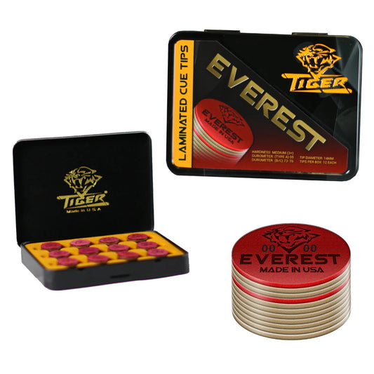Image of 2 cans on Pool Cue Tip  Tiger Everest Tip  14mm, 8 layer and a single tip. 
