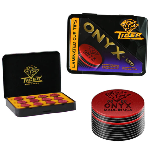 Image of Pool Cue Tip Tiger Onyx-LTD ® Tip  14mm, 8 layers. Open and closed can. One tips by itself. 
