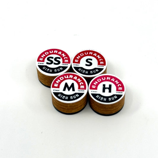 Pool Cue Tips Endurance High Run Brown Clear. Four tips, white background. SS, S, M and H shown. 