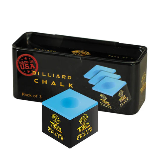a black can of Tiger products Billiards. with a single square of blue chalk in the front. 