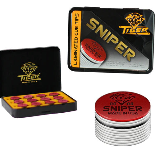 Tiger Sniper Laminated Pool Cue tips. 1 box of 12 shown. With 1 single tip in the forefront. 