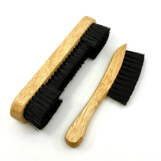 Image of two-piece natural wood billiards brush set with nylon bristles for cleaning pool table rails and corners