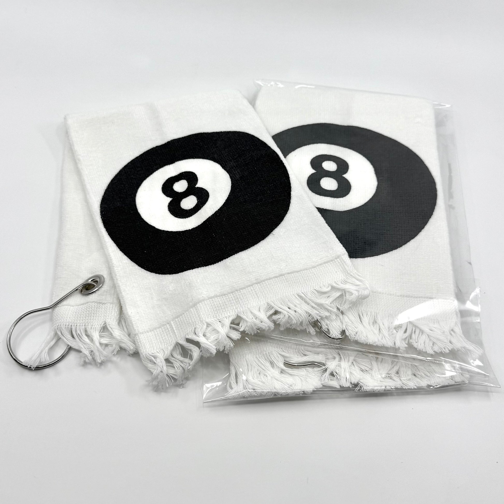 Image of 3 white cotton billiards hand towels with 8 Ball or 9 Ball design – keeps hands clean and sweat-free during pool play