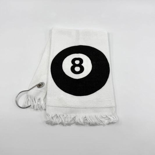 Image of a white cotton billiards hand towel with 8 Ball design to keeps hands clean and sweat-free during pool play